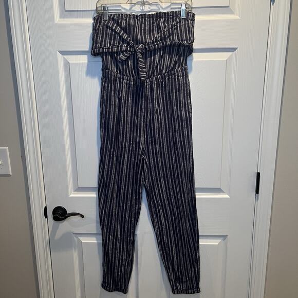 Aerie Jumpsuit Medium Blue/White Strapless Jogger Style 100% Cotton Pockets - Picture 2 of 7